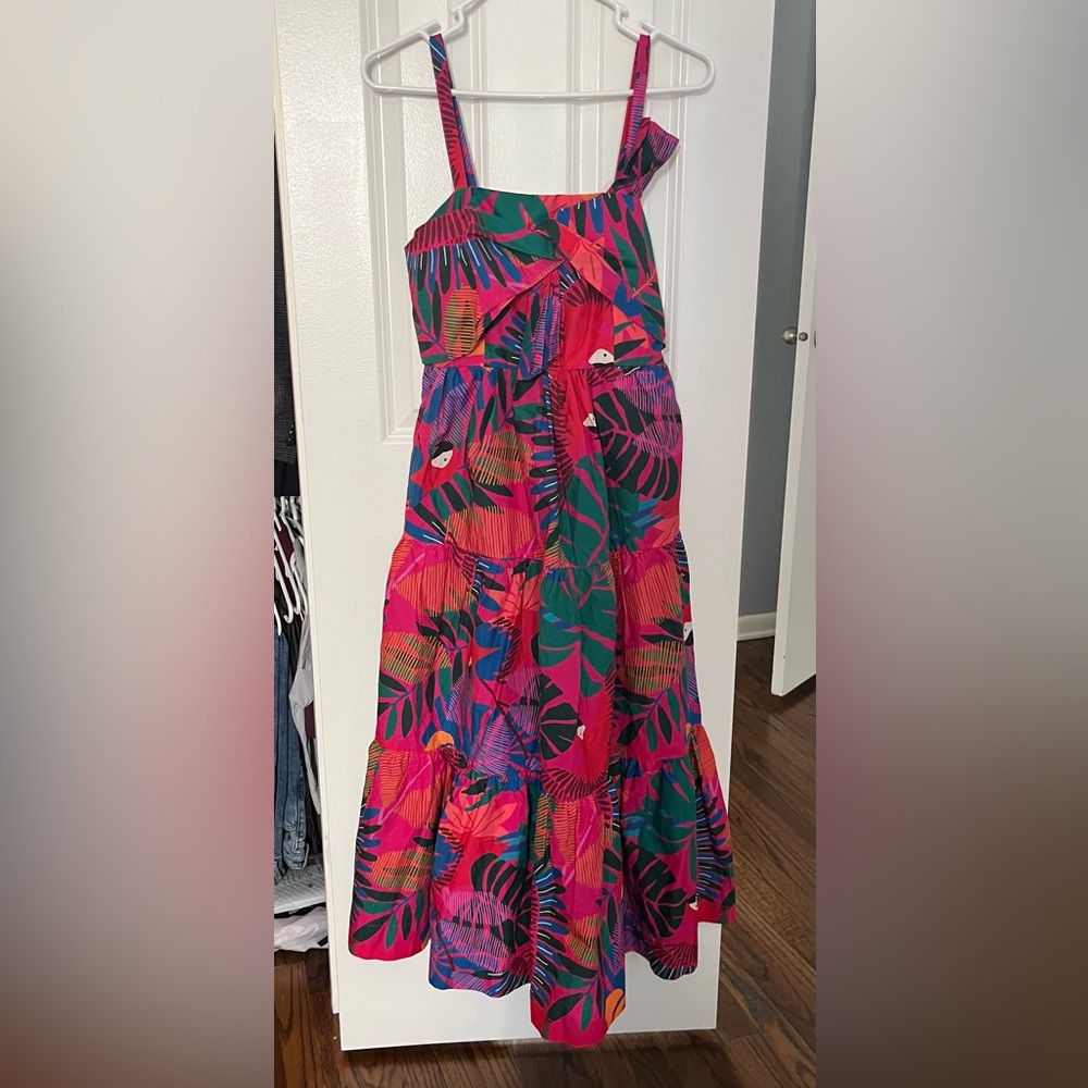 FARM Rio Macaw Bow Midi Dress in Pink and Green